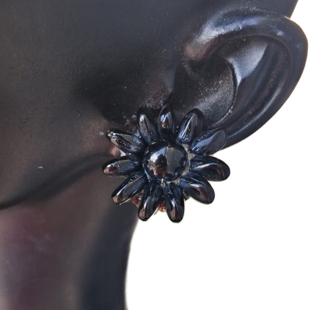Vintage West Germany Black Glass Flower Clip-On Earrings - Mid-Century